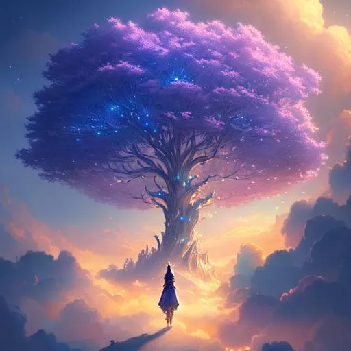 Prompt: person watching a beautiful glowing celestial filigree tree in the clouds, highly intricately detailed photograph, centered, fantastical, fantasy, in the style of Ross Tran, RossDraws, Android Jones, Anna Dittman, hyperrealistic, a beautiful Digital painting, concept art 