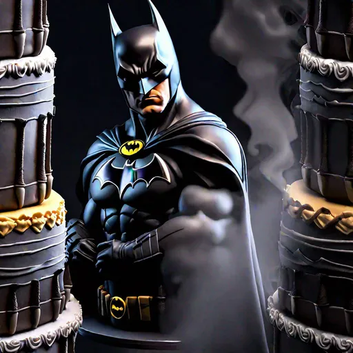 Prompt: batman, cake, sharpness, smoke, mystery, gothic, epic, hyperrealism, 3D detailed, incrustation, contrast forms and lines, contrast space and light, dof, multi-morph