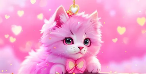 Prompt: Cute, pink, fluffy, fantasy love kitten, with light, pink eyes, very, pink fur, and possessing the element of love and making circles of hearts move around in the air in a magical way, background with pink hearts. Perfect features, extremely detailed, realistic. Krenz Cushart + loish +gaston bussiere +craig mullins, j. c. leyendecker +Artgerm.