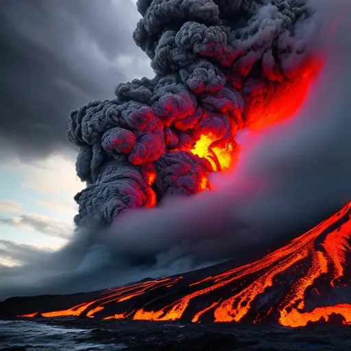Prompt: A volcano is erupting and lava is flowing into the ocean with on a stormy day