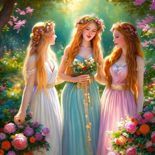 Prompt: In a picturesque garden surrounded by vibrant flowers, three exquisite ladies can be seen. Among them is a lady with long, flowing blonde hair, another with captivating long red hair, and the third adorned with stunning long blue hair. All three wear flowing dresses and radiant smiles, basking in the gentle warmth of soft sunlight filtering through the trees. The scene resembles a romantic vintage painting with its pastel colours and intricate hairstyles, evoking a sense of refined grace.

