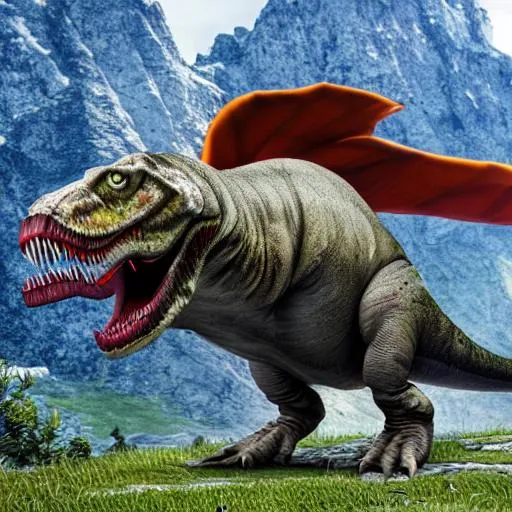 Prompt: A fat Tyranosaurus-rex running after a flying robin in a mountain, 8k, realistic