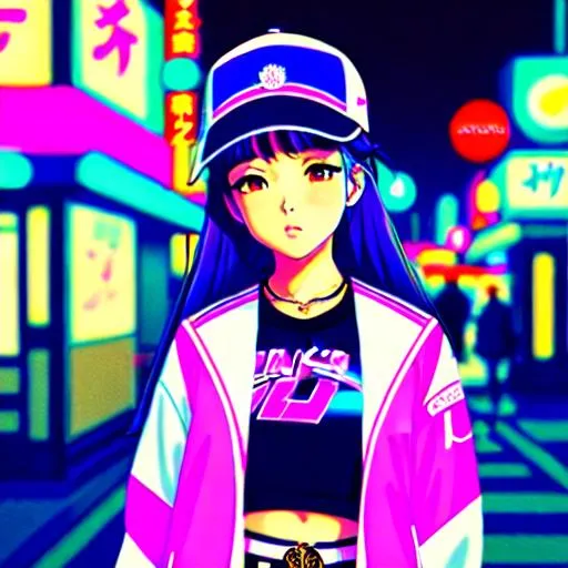 Prompt: vaporwave japan city night time anime girl in varsity jacket smoking a cigarette