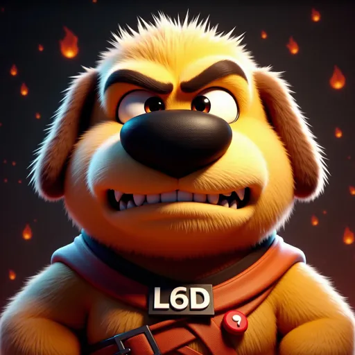 Prompt: Massive Dug desert theme avatar, with maniacal look and  "L6D" collar tag