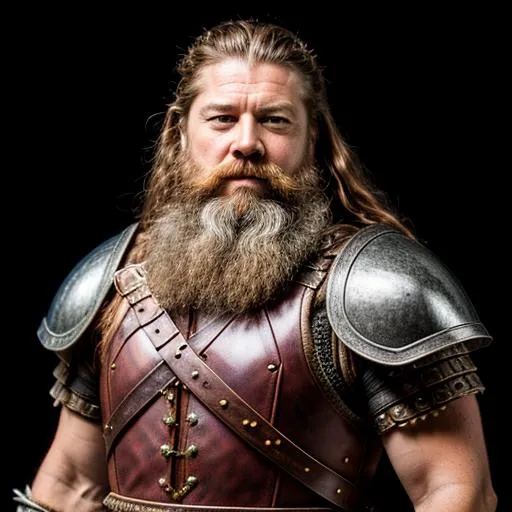 Prompt: Fantasy dwarf warrior, detailed background, intricate details, full plate armor, natural colors, long braided beard, red hair, sean bean 