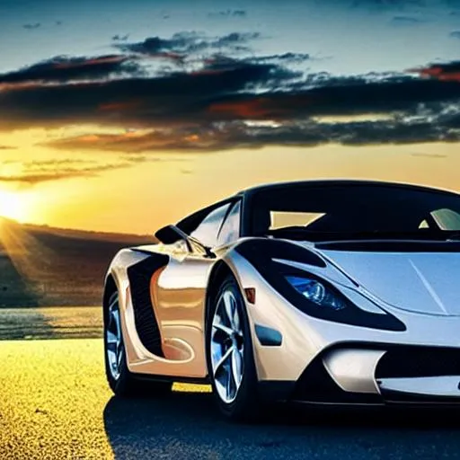 Prompt: a super car with the sunset