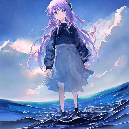 Prompt: A girl is standing in the middle of the deep ocean with colourful sky.