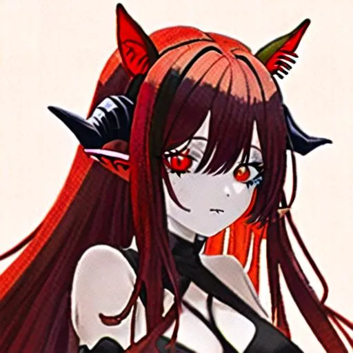 Prompt: Haley  (multi-color hair) (left eye red and right eye brown) (she has demon horns) (she has horse ears) (demon horns sit and the side of her horse ears) (red markings all over her body)