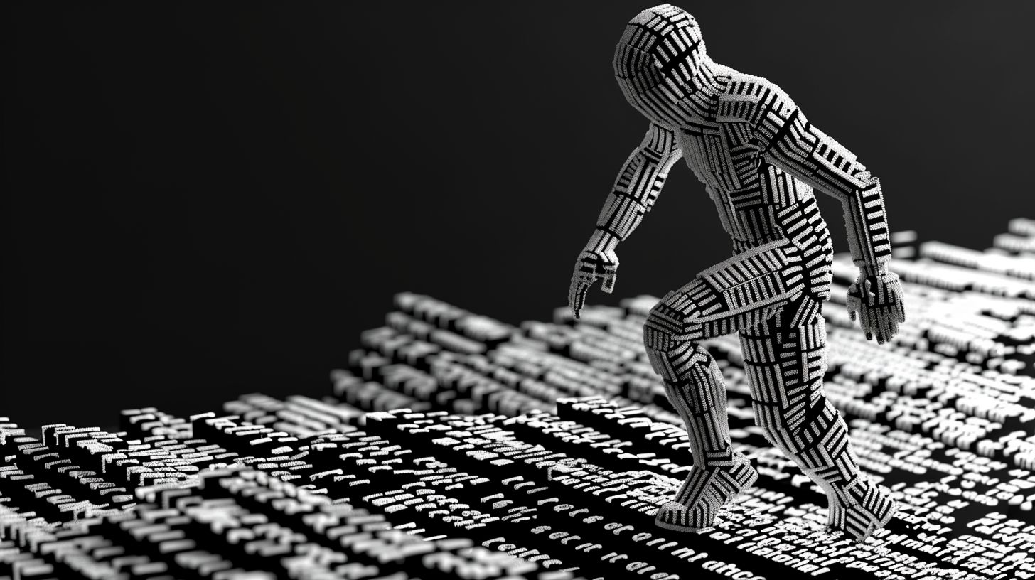 Prompt: Monochrome 3D ASCII man escaping the flat, text-based world into a colorful, high-resolution reality --ar 16:9 --sref https://s.mj.run/f68r0l2vKLs --stylize 500