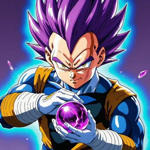 Prompt: vegeta with purple hair with a pure purple energy ball in his hand