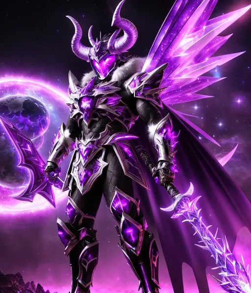 Prompt: HDR, UHD, 64k, hyper realistic, cinematic, galaxy spiky armor, muscular body, white eyes, purple flame and ashe aura, pink glowing armor parts, shining amethyst on chest, goat horned helmet, galaxy wings, huge double-sided battleaxe that glows like hot metal, purple ripped cape, white crescent moon in the background, gray moon landscape, outer space