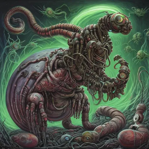 Prompt:  fantasy art style, painting, giving birth, pain, woman, bloated belly, pregnant belly, evil, baby, evil baby, woman giving birth, robotic, green, green lights, green neon lights, lightning, colourful, murky, H. R. Giger, biological mechanical, pipes, evil robot, egg, queen, queen ant, snakes, serpents, eels, tentacles, jellyfish, squid, giant robot, robot, machine, pregnant robot, war machine, inseminate, insemination, pregnancy, pregnant, mother, mother with pregnant belly, pregnant woman, futuristic, dystopian, alien, aliens, forced insemination, egg laying, spawn, egg chamber, uterus, womb, placenta, procreation, breeding, brood, clutch of eggs