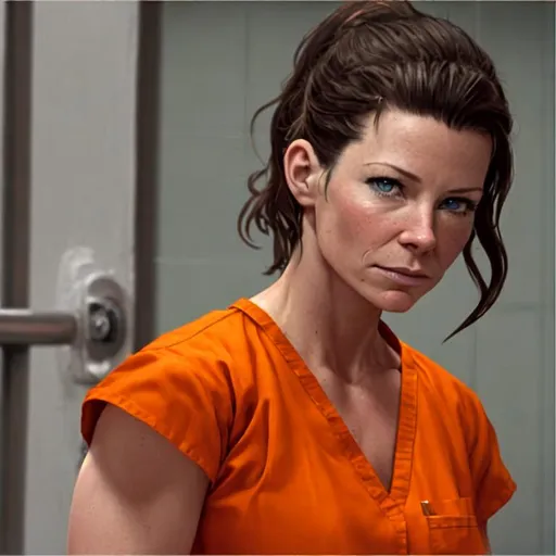 Prompt: Evangeline lilly in prison wearing orange scrubs prison uniform