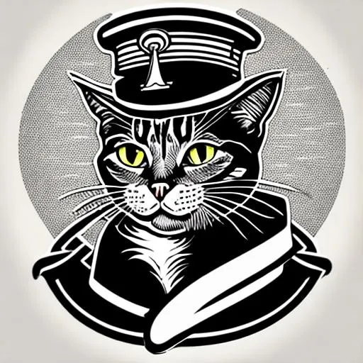 Prompt: concept art of png logo of a cat wearing a hat, cat is a sailor Capitan, hat is Capitan hat, vector logo, sticker, b&w logo, material design, ink drawing,concept art, elegant, ((intricate)), ((highly detailed)), 4k, linocut