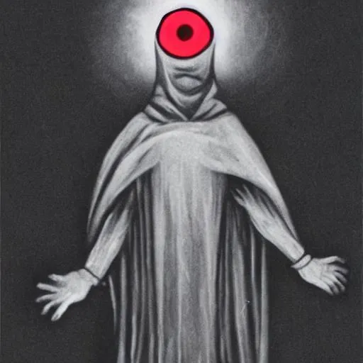Prompt: Surrealistic god of nothingness, beneath a dark hood, with eyes like glowing coals, and hands that are blood red