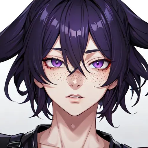 Prompt: Erikku male adult (short ginger hair, freckles, right eye blue left eye purple) UHD, 8K, Highly detailed, insane detail, best quality, high quality,  anime style, biker 