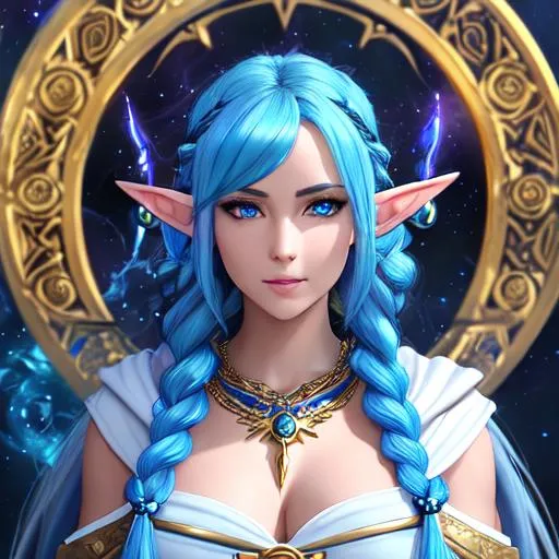 Prompt: "Full body, oil painting, fantasy, anime portrait of a young half elf woman priestess with bright blue hair in a braid hanging down over her right shoulder and dark blue eyes, elf ears | sorceress wearing intricate white and blue flowing robes with intricate jewellery casting a healing spell, #3238, UHD, hd , 16k eyes, detailed face, big anime dreamy eyes, 16k eyes, intricate details, insanely detailed, masterpiece, cinematic lighting, 16k, complementary colors, golden ratio, octane render, volumetric lighting, unreal 5, artwork, concept art, cover, top model, light on hair colorful glamourous hyperdetailed medieval city background, intricate hyperdetailed breathtaking colorful glamorous scenic view landscape, ultra-fine details, hyper-focused, deep colors, dramatic lighting, ambient lighting god rays, flowers, garden | by sakimi chan, artgerm, wlop, pixiv, tumblr, instagram, deviantart
