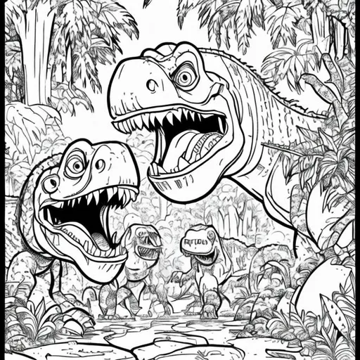 Prompt: coloring page for kid, tyrannosaurs in a jungle, cartoon style, thick lines, low detail, no shading --ar 9:11 --v 5 -  