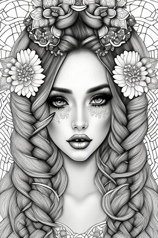 Prompt: coloring page , black and white of detailed beautiftul fantasy girl, with flowers,  clear facial features, symmetrical,long light braided hair.   smooth lines, beautfiful , dreamy, details, black and white, simple, 
