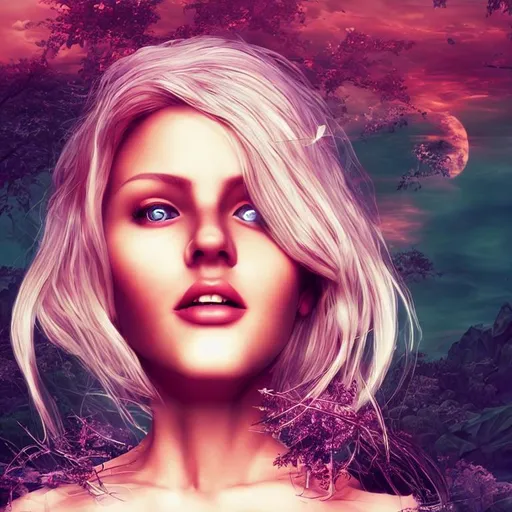 Prompt: long scenic shot, a blonde angelical woman, beautiful liminal landscape, 3d blender render, surrealism, highly detailed, hyperrealistic, pc game aesthetic, pc game style, liminal space, psychedelic, everything in focus