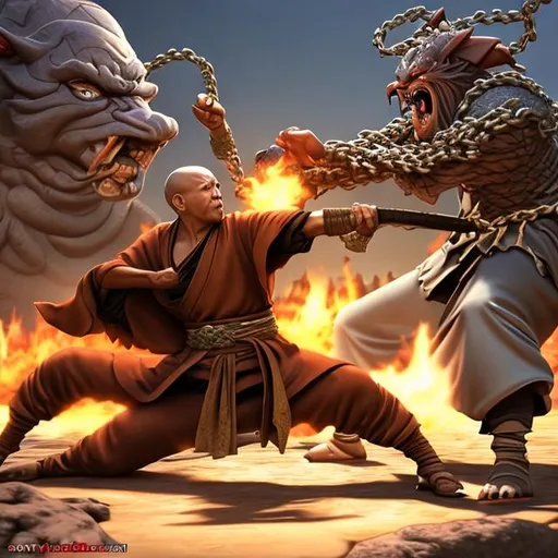 Prompt: Monk fighting an evil lord, kung fu, chains, swords, desert oasis