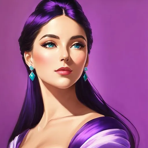 Prompt: A portrait of an elegant woman, color scheme of aqua blue and purple
