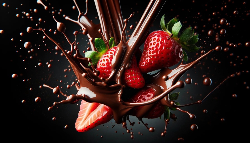 Prompt: Photo of luscious red strawberries being splattered with thick chocolate sauce in mid-air, capturing the droplets as they collide in a wide ratio.