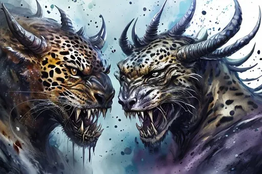 Prompt: Watercolor, Masterpiece, best quality, 8k, dream portrait Ultra Detail, Tank Leopard vs 1 monster In the cave, horned and winged monster, facial detail, (black: 1.3 Eyes | 1.4 many sharp fangs | 1.5 open mouth | 1.6 head horns) , detailed body, (1.7 standing | 1.8 two-handed | 1.9 two-footed), (Sharp claws 1.8), well-defined face, Highly detailed, vivid view, light ((water reflections, cinematic light, high detail, dramatic light, detail intricate, high quality), (water droplets, distinct reflections, sharp light, harsh reflections)), water particle effects (many water particles, rainbow particles, diffused particles), visible shadows, white particle effect, white smoke effect, background back in a dark cave with a stalactite hanging above it, --v4