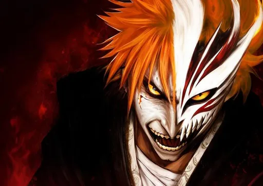 Prompt: Detailed face, yellow eyes, white teeth, crazy smiling, wear a semi mask on the head, orange hair, angry, wear a black kimono with white t-shirt, fire and blood background