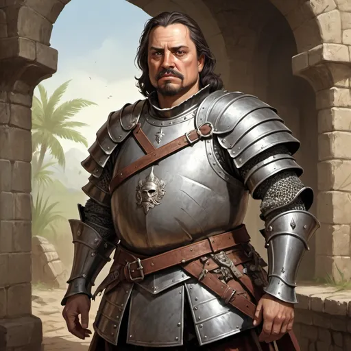 Prompt: Full body, Fantasy illustration of a Conquistador, 45 years old, full-figured, wornout cuirass, sloppy, stubborn expression, high quality, rpg-fantasy, djungle fort background