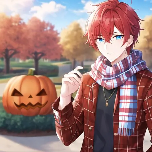 Prompt: Zerif 1male (Red side-swept hair covering his right eye, blue eyes), highly detailed face, wearing a cozy flannel shirt and a pair of stylish jeans. In the park, fall.  wearing a scarf, looking up at the sky, in a pumpkin patch,  young adult. Handsome,  detailed, UHD, HD, 4K, highly detailed, red haze, masculine, anime style