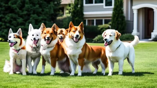 Prompt: Multiple dogs copulating on front lawn of a suburban ranch house