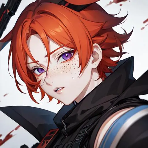 Prompt: Erikku male adult (short ginger hair, freckles, right eye blue left eye purple) UHD Highly detailed, insane detail, anime style, covered in blood, psychotic, pointing a shotgun straight at the camera