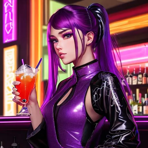 Prompt: UHD, 164k, highly detailed face, panned out view, visible full body, anime cyberpunk lady bartender, contemporary one-piece dress, dimly lit neon bar, dark violet ponytail, ilya kuvshinov, mixing drinks, hyperdetailed large blonde hair, masterpiece, hyperdetailed full body, hyperdetailed feminine attractive face and nose, complete body view, ((hyperdetailed eyes)), perfect body, perfect anatomy, beautifully detailed face, alluring smile