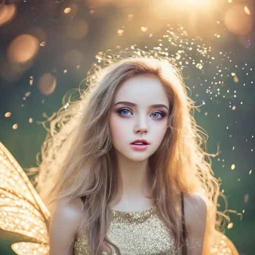 Prompt: Woman character, fairy tale, sweetie, beautiful face, smooth skin, lively, big eyes, positive, light golden brown hair, look at, camera, waring white long dress, wind blow, glitter.