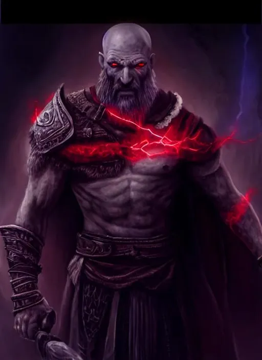 Prompt: Oil painting, dnd fiverr, landscape, UHD, 8K, highly detailed, panned out view of the character, fantasy, visible full body, a hyperdetailed god of war Kratos and darth sion, inspired fantasy world eater god with ((pale gray skin)) and (((red glowing lightning cracks all over his chest))) ((no helmet)) set in a fantasy setting with ((leather armor)) and a broadsword, angry expression, fighting brush strokes by gaston bussiere, craig mullins, greg rutkowski, yoji shinkawa