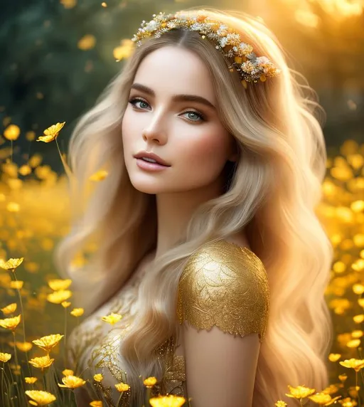 Prompt: Portrait of a beautiful female Spirit of Springtime with golden hair with flowers woven into her hair. The background is a blurry field of flowers, fantasy, intricate, elegant, highly detailed, digital painting, trending on artstation, concept art, smooth, sharp focus, unreal engine, 4k, 8k, otherworldly, ethereal