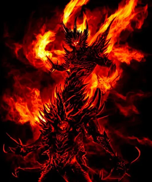 Prompt: Black and red, fiery, demon, hell, giant, monster, evil, demonic, horror, black scales, red details, orange lighting, orange fire, long claws, spiked spine, multiple arms, spikey tail, muscular, horns, glowing orange, demon, humanoid body, flaming wings, flaming background, two legs, muscular torso, muscular arms, long tail, one head, standing, flaming eyes, long teeth