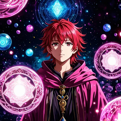 Prompt: Young man. short. monkey ears. long red hair. pink beard. wizard. anime style, portrait