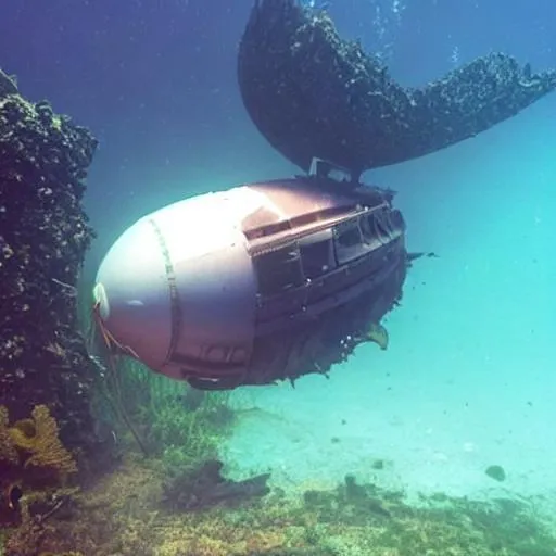 Prompt: a blimp crashing in to an underwater wreck of an ancienr space ship           