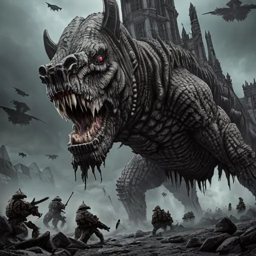 Prompt: Monolithic creature destroying soldiers, gothic, erie, realistic, hyper detailed 