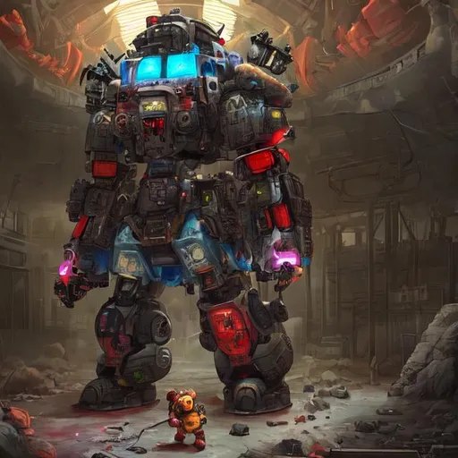 Prompt: Weird colorful teddy bears, nuclear wasteland, assembly line, cloning, mech, guns, hyper detailed, very colorful 