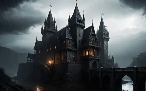 Prompt: Warhammer RPG style castle at night, eerie atmosphere, raining, detailed gothic architecture, ominous bridge, moody and atmospheric lighting, high quality, realistic, dark and gloomy, stormy weather, medieval fantasy, detailed stone textures, dramatic shadows, foreboding setting, ominous atmosphere, detailed rain effects, gothic, sinister, atmospheric lighting