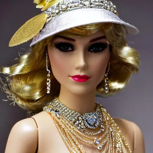 Prompt: ((Cinematic high quality)) ((portrait masterpiece photo)) Gatsby, daisy Buchanan, Barbie doll, 1920's fashion, Gold jewelry, flowing champagne, beach bikini 