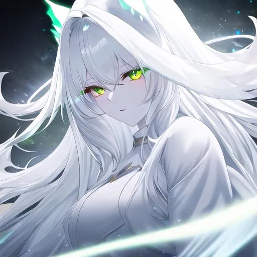 Prompt: ghost (long white hair, slightly pale skin, glowing green eyes), UHD, 8K, highly detailed, insane detail
