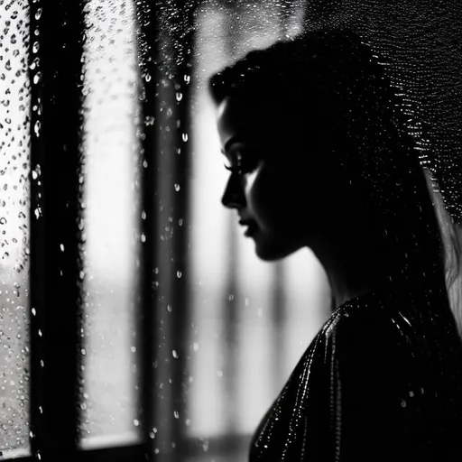 Prompt: Silhouette of a woman 🗣️ within a room with dark warm colors. Send with tiny  mark glowing. Cinematic lifestyle. Posing with elegance. Flying feathers with rain in window
