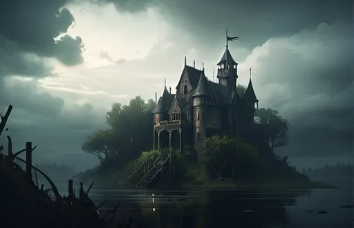 Prompt: Abandoned castle on an island in the middle of a lake, Warhammer RPG-style,  eerie atmosphere, overgrown vegetation, dark and mysterious, high quality, RPG-style illustration, desolate environment, moody lighting, ancient architecture, ominous skies, atmospheric, weathered textures