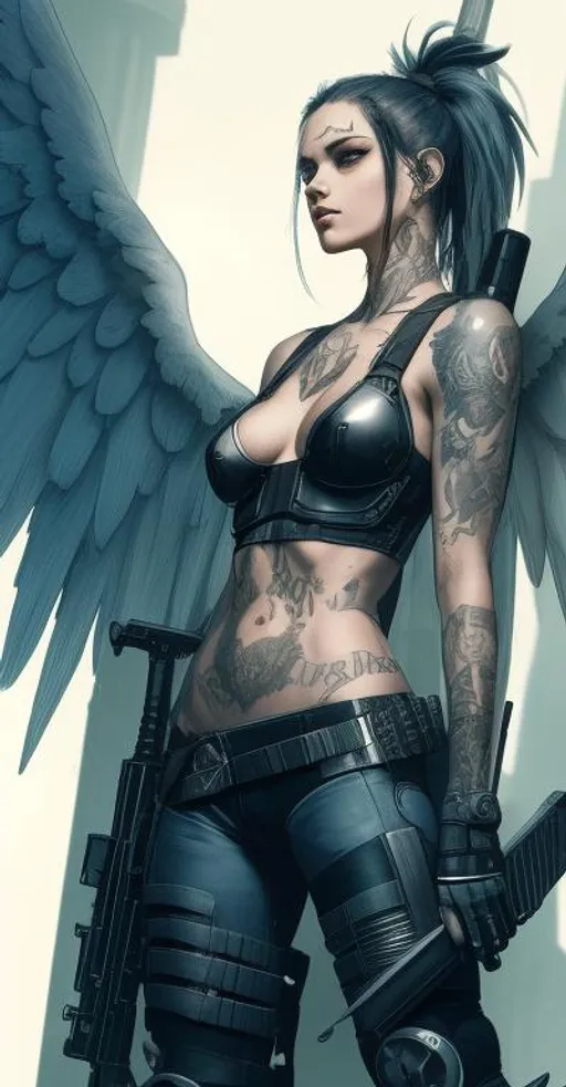 Prompt: Beautiful cyberpunk female with tattoos, apocalyptic, swords, guns, fire, anatomical, dark, gothic, mech, angel wings, battle backgrounds 