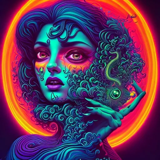 Prompt: Hypnotic illustration of shahnaz hawkins, hypnotic psychedelic art, pop surrealism, dark glow neon paint, mystical, Behance 