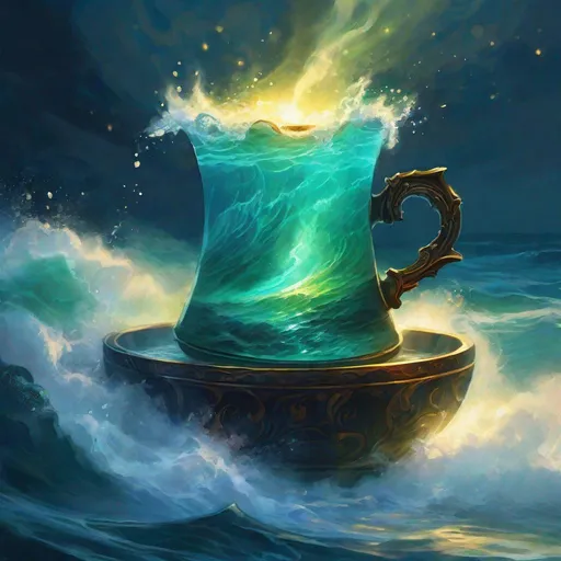 Prompt: ocean flowing out of magical cup, waves, sea, glowing, magic, dark,  dungeons and dragons, magic the gathering, fantasy art, fantasy, wizard,, concept art, , artstation, award winning, painting, watercolor, 